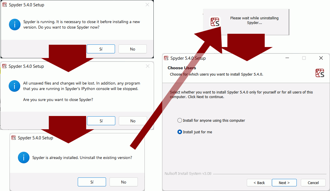 Series of screenshots of installation steps, with arrows between: Yes/no dialog to close spyder, confirm close dialog, uninstall old version dialog, uninstalling status and finally installation wizard