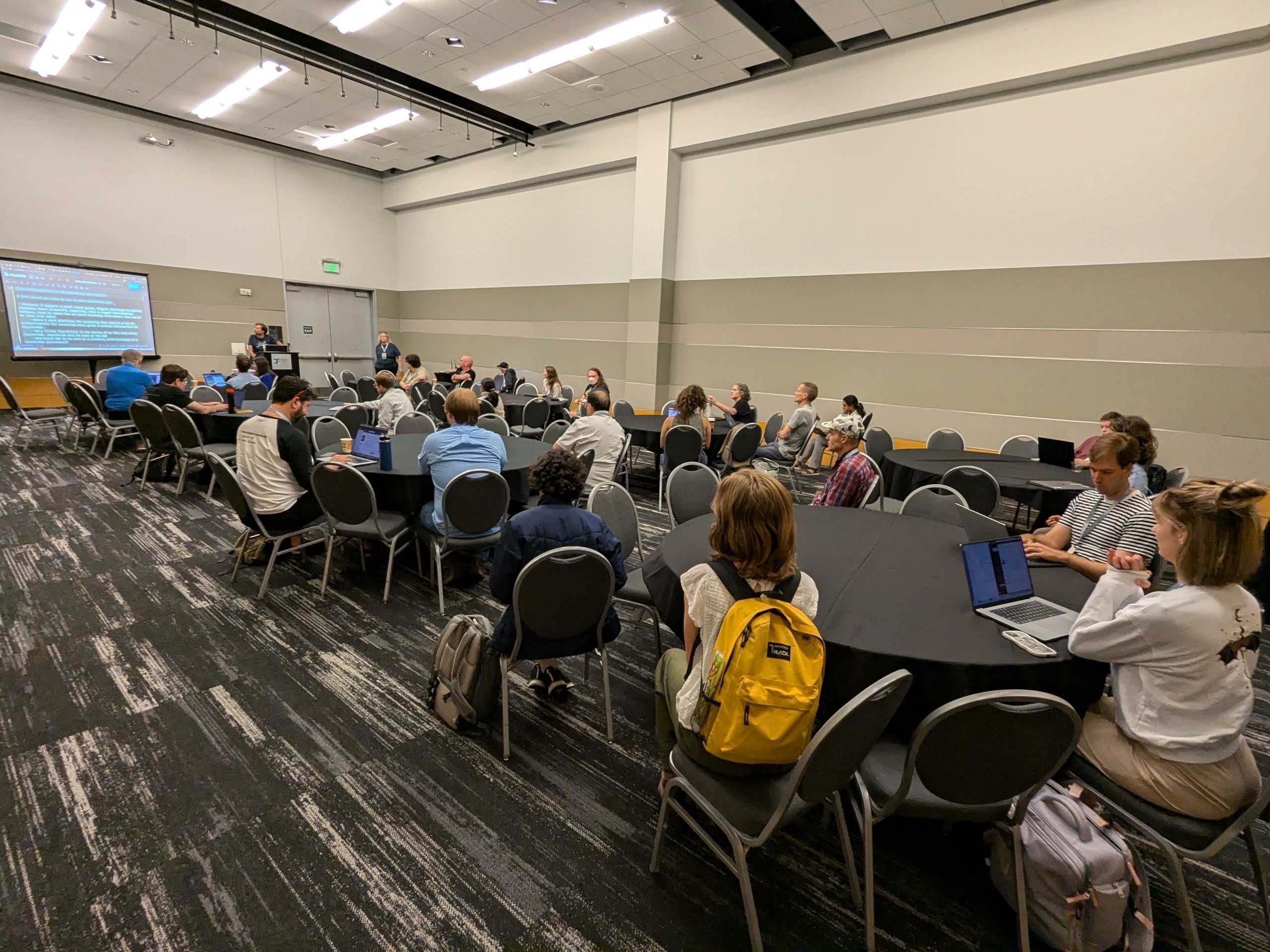 Photo of the Spyder BoF, showing a room full of attendees engaging with a moderator