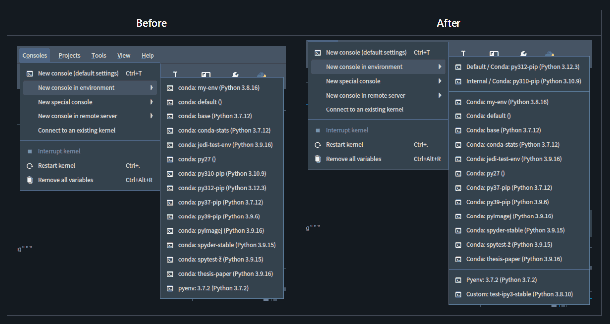 Spyder Consoles with the New Console in Environment submenu displayed, showing new sections and user-added environments