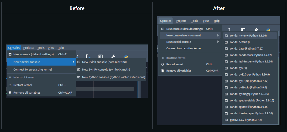 Before and after of the Spyder consoles menu, with the new version featuring refined layout and icons and displaying a new Open in Environment submenu, offering environments that a console can be opened in