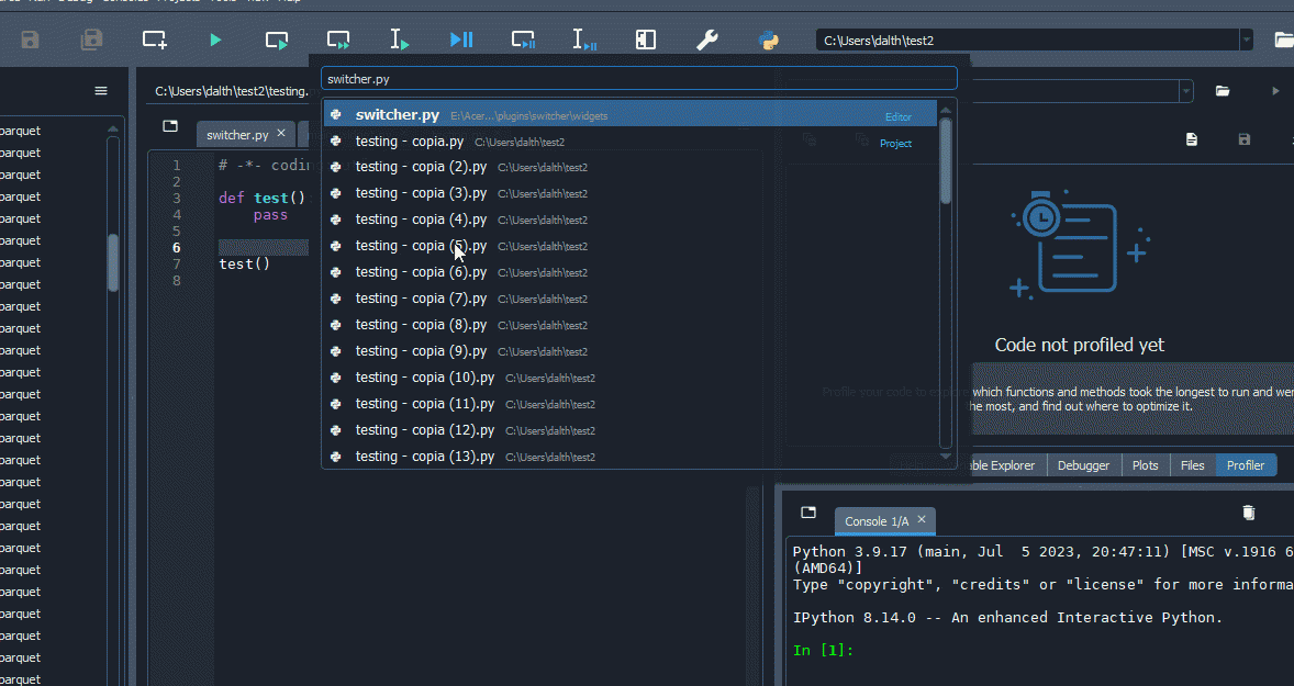 Spyder switcher dialog, with a text box and a list of matching files and other objects