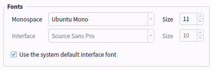 Part of Spyder preferences, showing dropdowns for interface font and font size, as well as a checked by default option to use the system native font