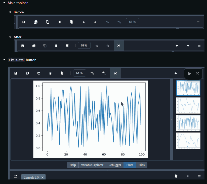 Composite showing a before and after comparison of the Plots pane toolbar with streamlined zoom controls in its own section, and an image showing the revised Plots pane with its new Fit Plots button