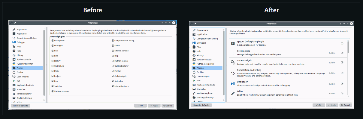 Before and after of the Spyder plugin management preference pane, showing a complete overhaul from just checkboxes next to plugin names, to a detailed list of plugins displaying their name, icon, description, internal/external status and enable checkbox; also including external plugins, not shown previously