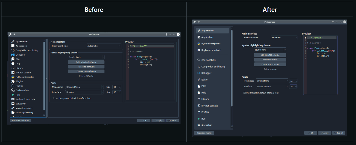 Before and after for Spyder preferences, showing a much more organized and modern-looking preferences list, removed extra lines around pane groups and a larger and more comfortable layout