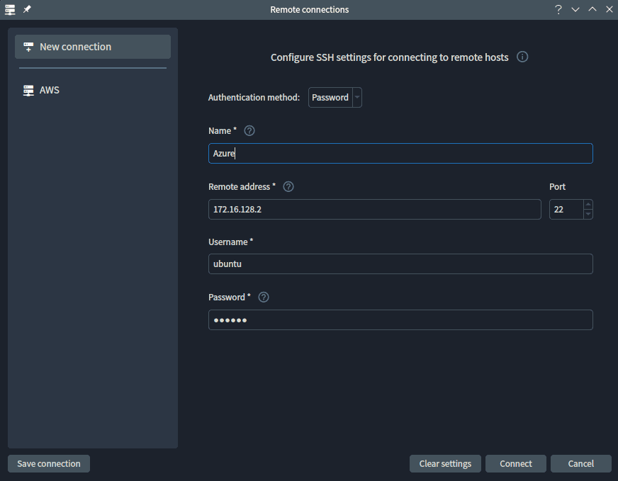 New remote connection manager dialog in Spyder, listing the configurable settings for a new remote host