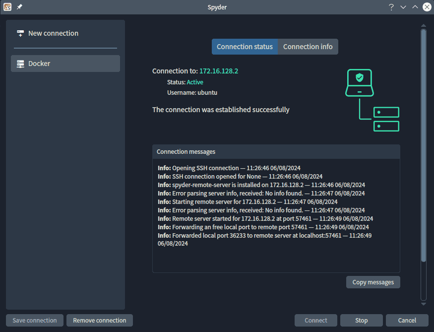 Spyder connection status dialog in the remote connections manager, showing a connected icon, connection information and a detailed log of connection progress steps