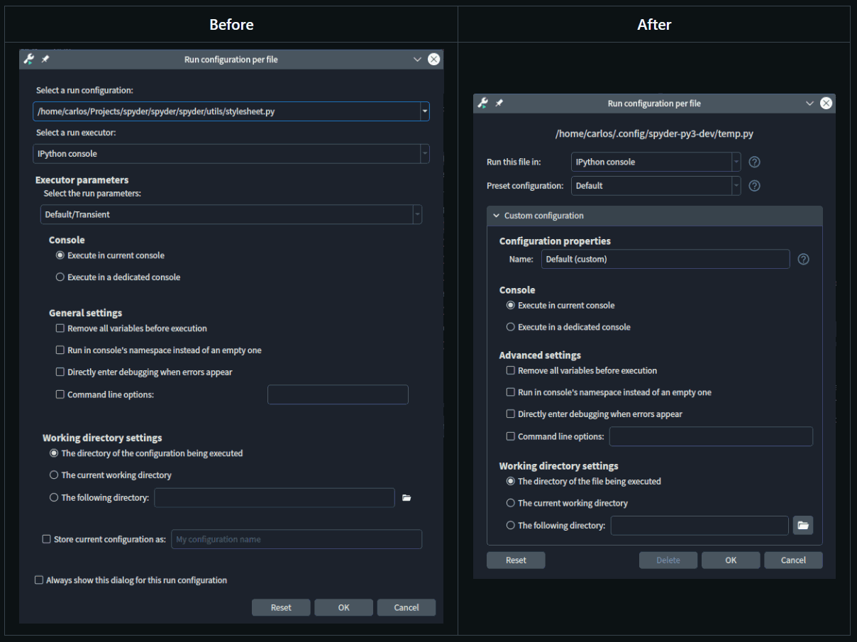 Before and after of Spyder's Run Configuration Per File dialog listing file execution settings, with the after version showing a simpler, collapsible and more refined layout