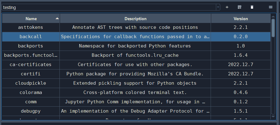 Spyder-Env-Manager pane showing an environment selector and a list of installed package names, descriptions and versions as well as toolbar options to interact with them