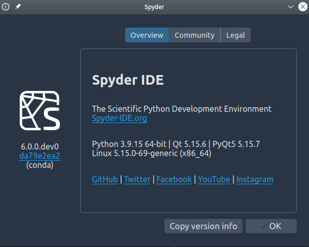 Spyder's revised About dialog, with tabs Overview, Community and Legal. Overview tab shows the IDE's name, version, website, major dependency versions and social media links, in an organized and comfortable layout