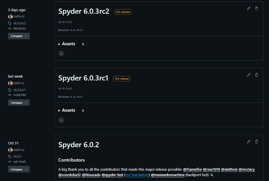 Spyder release page, showing a list of version numbers and their corresponding information and files