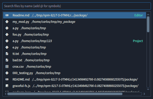 Spyder's file switcher dialog, with a path box to enter a file name above a list of matching files and their properties