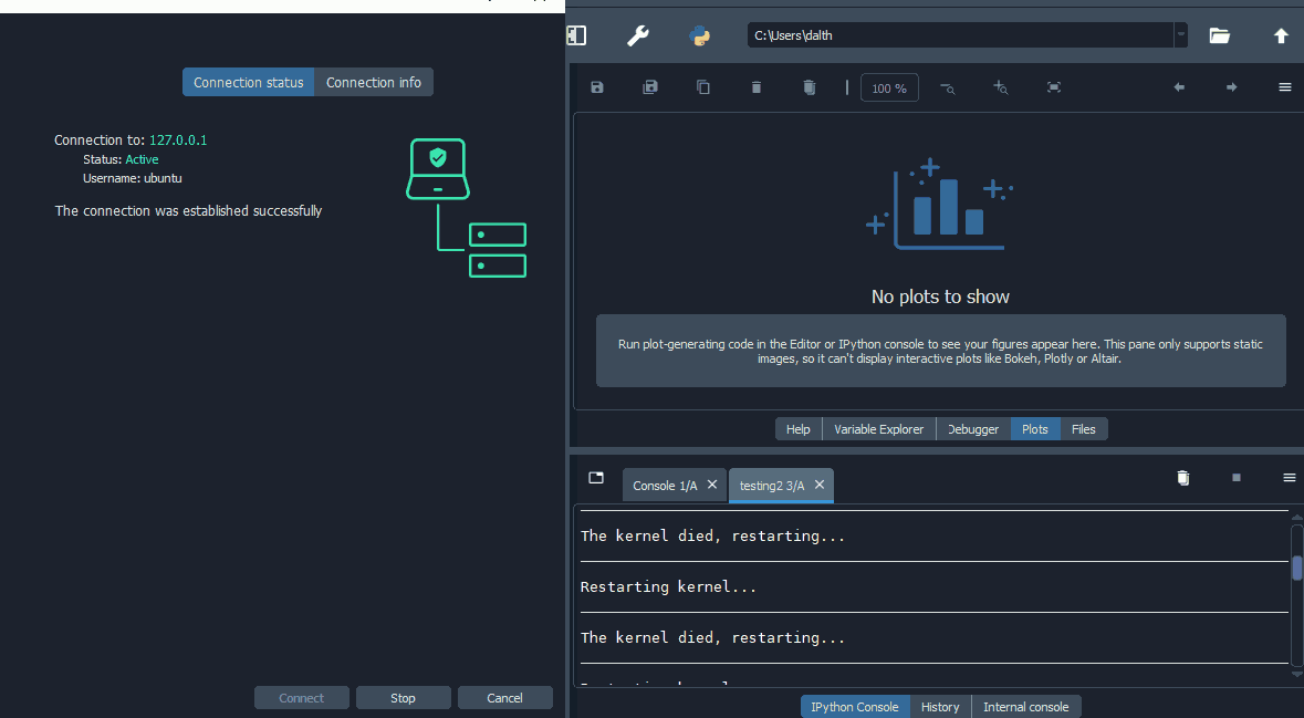 The Spyder remote kernel status dialog showing a successful connection, next to the IPython Console showing a kernel error